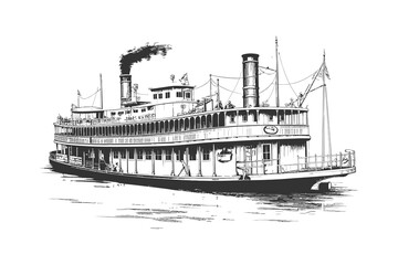 Large steamboat retro hand drawn engraving style. Vector illustration design. - obrazy, fototapety, plakaty