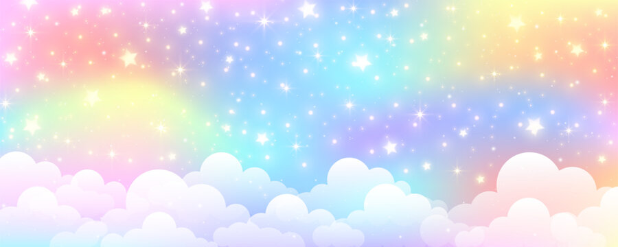 Rainbow unicorn pastel background with glitter stars. Pink cloudy fantasy sky. Cute holographic space. Fairy iridescent gradient backdrop. Vector