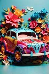 Kirigami style Car and Blooms in Colorful Harmony Flowers  