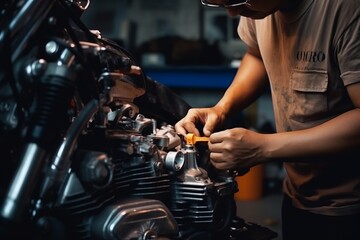 Obraz na płótnie Canvas Mechanic fixing motocycle engine with tools