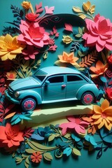 Kirigami style Car and Blooms in Colorful Harmony Flowers  