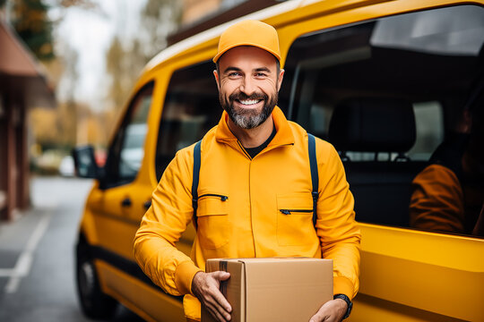 Postwoman/postman with package in hand standing in front  postal car. AI generativ.