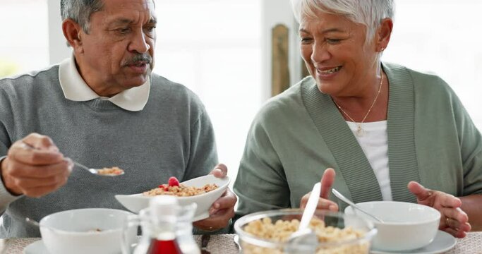 Breakfast, Muesli And Morning With Old Couple At Table For Food, Gratitude And Wellness. Love, Support And Brunch With Senior Man And Woman Eating In Dining Room At Home For Nutrition And Health