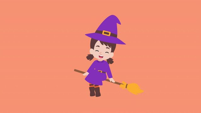 Happy girl witch lying on a broom vector cartoon animation style isolated alpha background illustration Halloween