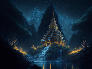 Nestled amidst the embrace of towering mountains and trees, a temple emerges as a serene oasis in the night, its tranquil beauty accentuated by the soft glow of surrounding moonlight.