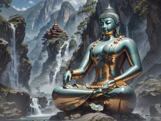 Majestic Buddha statues are nestled amidst the grandeur of mountains.