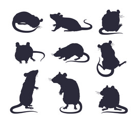 Set of black silhouettes of rats flat style, vector illustration