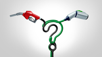 Electric Car VS Gas as fuel choice concept as EV or electric vehicle battery technology and traditional fossil fuel gas pump question as transportation fueling decisions