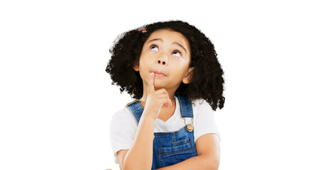 Thinking, decision and isolated child planning on a transparent png background. Doubt, youth and...