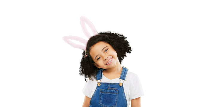 Easter, happy and face of a child with bunny ears isolated on png or transparent background. Cute, happiness and portrait of an adorable little girl smiling, looking cheerful and playful with smile