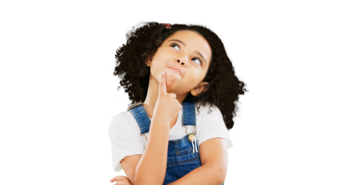 Thinking, idea and young child with a planning decision isolated on transparent, png background. Doubt, youth question and confused girl kid looking thoughtful, contemplating and curious for future