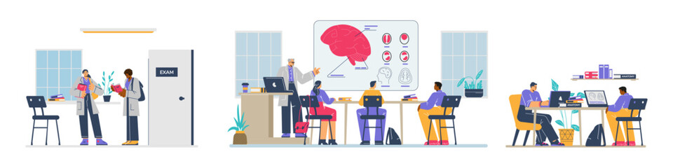 Medical students study at university and at seminars, flat vector isolated.