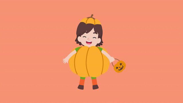 A happy pumpkin girl holds a pumpkin bucket to celebrate Halloween celebrities' holiday greetings. alpha isolate Vector illustration cartoon animation.