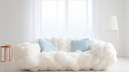 Comfy sofa in a modern living room made from puffy and fluffy clouds. Generative AI