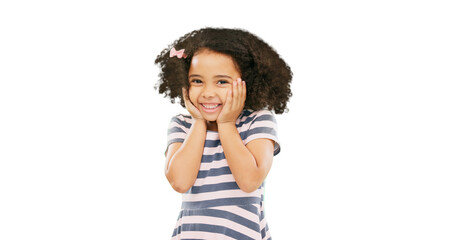 Happy, excited and portrait of girl with smile on isolated, png and transparent background for fun....