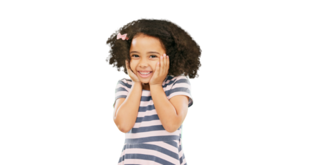 Happy, excited and portrait of girl with smile on isolated, png and transparent background for fun. Summer, fashion and wow face of child with surprise expression for childhood, happiness and style