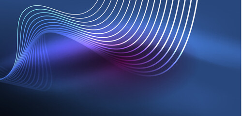 Shiny glowing neon wave. Neon light or laser show, electric impulse, power lines, techno quantum energy impulse, magic glowing dynamic lines