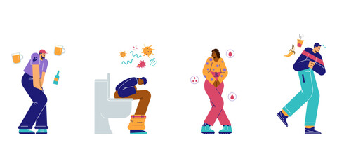 Fototapeta premium People experience the urge to go to toilet, flat vector illustration isolated.