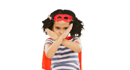 Superhero, child and stop sign with hands to fight crime in cosplay costume isolated on a transparent PNG background. Little girl power, hero and strong kid x portrait to protect freedom and justice