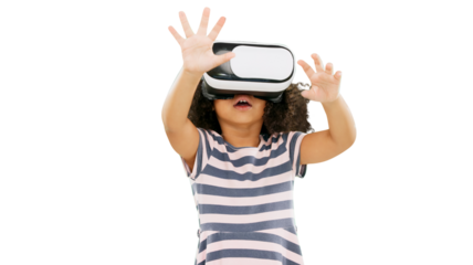 Little girl, VR and metaverse for playing games or futuristic isolated on a transparent PNG background. Young child, kid or person in virtual reality on headset for gaming, innovation and technology