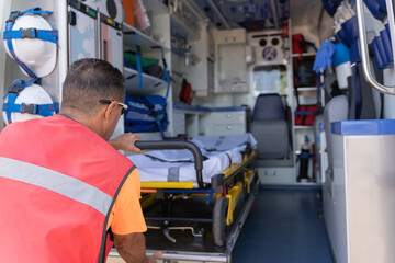 Medical staff taking a stretcher out of an ambulance