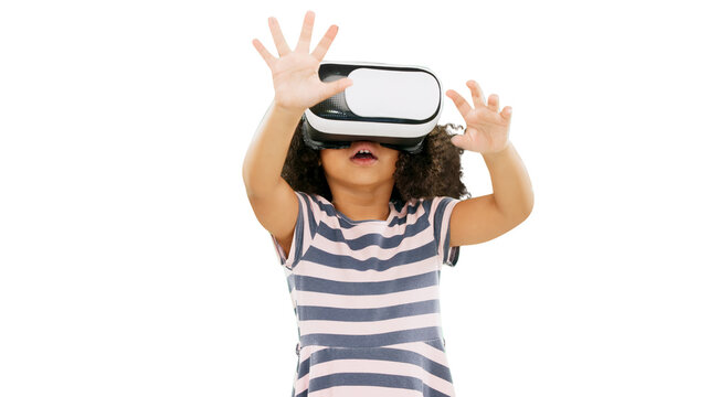 Little girl, VR and metaverse for playing games or futuristic isolated on a transparent PNG background. Young child, kid or person in virtual reality on headset for gaming, innovation and technology