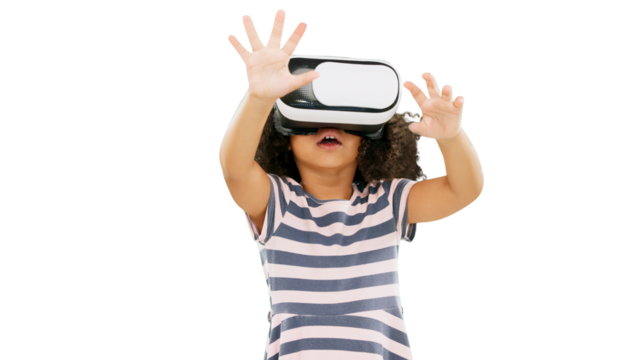 Little girl, VR and metaverse for playing games or futuristic isolated on a transparent PNG background. Young child, kid or person in virtual reality on headset for gaming, innovation and technology