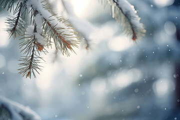 Winter season with snow caps covered branches of pine tree in Christmas festival, snowflake and bokeh glitter light background for mock up, Christmas eve new year background, with Generative Ai.