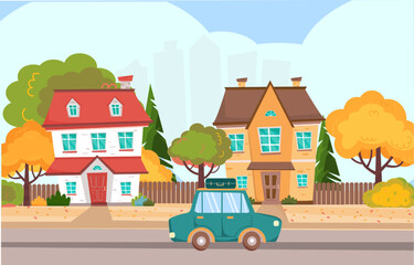Autumn landscape in town with colorful houses and car. Retro auto with a suitcase is driving on the road. Autumn trip, adventure, voyage. Vector illustration in flat cartoon style.