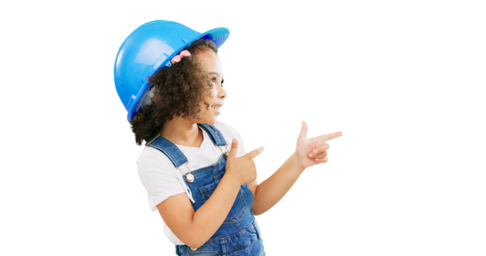 Child, construction worker and finger guns of girl isolated on a transparent, png background. Kids, builder and happy with a cute female youth engineer wearing a hardhat for safety and costume - Powered by Adobe