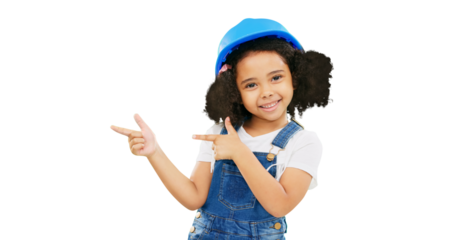 Kids, construction and portrait of little girl pointing isolated on a transparent PNG background. Happy child, architect or contractor smile in advertising architecture or building with safety helmet