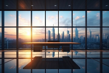 Blurred Office interior room background with modern design in working hours, indoor building of workplace of workspace, panoramic view through glass windows, with Generative Ai.