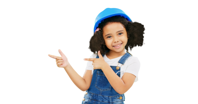 Kids, construction and portrait of little girl pointing isolated on a transparent PNG background. Happy child, architect or contractor smile in advertising architecture or building with safety helmet