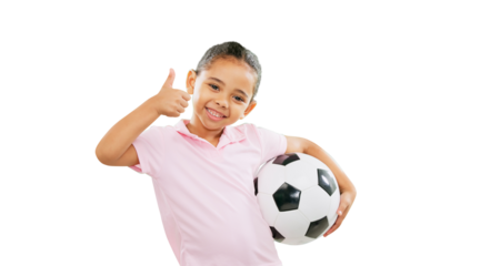 Girl child, soccer ball and thumbs up in portrait, thank you or agreement isolated on a transparent PNG background. Winning, young child or kid in fitness or football with like emoji, yes sign or OK