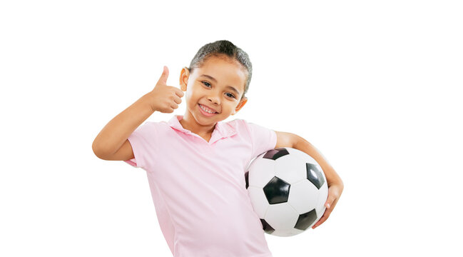 Girl child, soccer ball and thumbs up in portrait, thank you or agreement isolated on a transparent PNG background. Winning, young child or kid in fitness or football with like emoji, yes sign or OK - Powered by Adobe