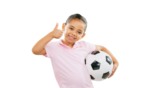 Girl child, soccer ball and thumbs up in portrait, thank you or agreement isolated on a transparent PNG background. Winning, young child or kid in fitness or football with like emoji, yes sign or OK
