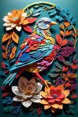 Obraz premium Floral background with flowers Colorful Kirigami Birds and Blooms in Harmony