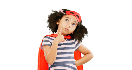 Child, superhero and thinking to stop crime, fight or cosplay costume isolated on a transparent PNG...