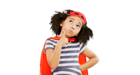 Child, superhero and thinking to stop crime, fight or cosplay costume isolated on a transparent PNG background. Little girl power, hero or solution in wonder with idea for protect, freedom or justice