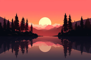 Fototapeta na wymiar Landscape art of mountains, pine trees, a lake and a sunset, simple vector illustration art minimalism