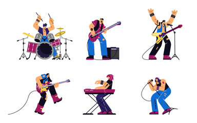 Fototapeta na wymiar Vector isolated set of Rock band musicians, guitar player, pianist, vocalist and drummer playing rock music in disproportionate characters