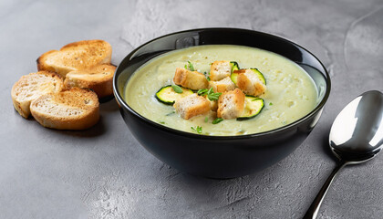 Creamy chicken and zucchini thick soup served with white bread croutons in dark bowl on gray background.