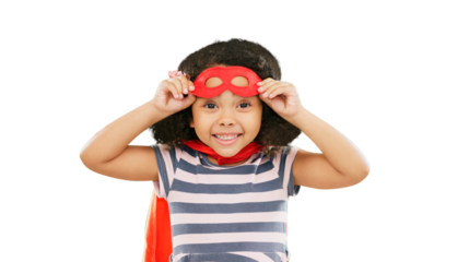 Happy child, portrait and superhero with smile to fight crime in cosplay costume isolated on a transparent PNG background. Little girl power, hero and game of strong kid in freedom, justice and mask
