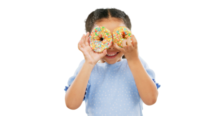 Donuts on eyes, smile and girl child with cake over face for comedy, goofy and playful isolated on png transparent background. Funny, food and dessert with young female kid, sugar snack and sweets