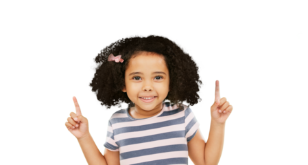 Little girl, portrait and smile while pointing up to advertising isolated on a transparent PNG background. Happy child or kid in youth with hand gesture or emoji for marketing, discount and sale