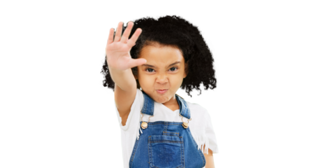 Stop, palm and girl child in portrait, warning and fight with caution isolated on transparent png background. Young female kid, hand gesture and danger with protest, conflict and deny with no entry