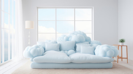 Fototapeta na wymiar Comfy sofa in a modern living room made from puffy and fluffy clouds. Generative AI