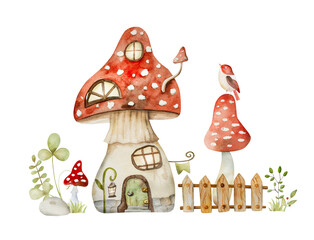 Mushroom fairytale house watercolor painting for postcard decoration. Cartoon fly agaric amanita home with windows and birds aquarelle drawing