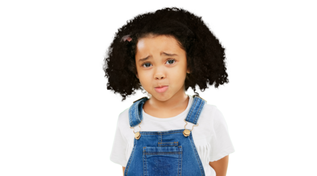 Sad, sorry and fear with portrait of child on png for confused, worry and anxiety. Mental health, crying and frustrated with face of young girl isolated on transparent background for scared and tired
