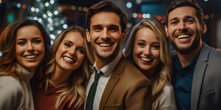 Close up portrait photo of smiling 30s year old friends and colleagues in office at night for Christmas party 